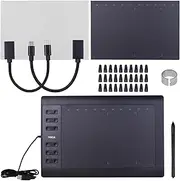 Labymos 10x6 Inch Professional Graphics Drawing Tablet 12 Express Keys with 8192 Levels Battery-Free Stylus/30pcs Nibs/Pen Clip/2pcs OTG Cable/Copy Film/Hand Feeling Film Support PC/Laptop Connection