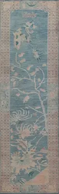 Vegetable Dye Floral Art Deco Runner Rug 3x12 Ft Handmade Light Blue Wool Carpet