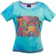 ✿ New LAUREL BURCH T-Shirt Tee Top SKY BLUE CAT Floral Kittens SIZE M Women