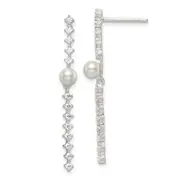Sterling Silver Polished Cz And Glass Pearl Post Earrings