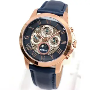 FOSSIL ME3029 手錶 44mm 機械錶 藍皮帶 鏤空 玫瑰金 男錶女錶