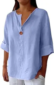 [Generic] Camisoles Women Women Summer Cotton and Linen V Neck 3/4 Sleeve Top Loose Holiday Beach Shirt Tunic Top Shirt Small