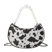 Women Pearl Chain Small Shoulder Handbag Purse Cow Milk Pattern Crossbody Bag Popular Simple Female Daily Bag