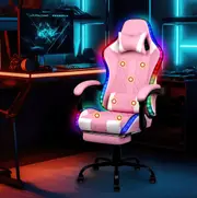 Advwin Gaming Chair RGB LED Massage Ergonomic Office Chair Computer Racing Recliner Seat Pink & White