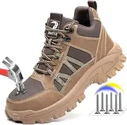 [FUDYNMALC] Steel Toe Work Boots for Men: Slip Resistant Mens Safety Shoes Indestructible Construction - Comfortable Breathable Working Footwear, Brown, 9.5