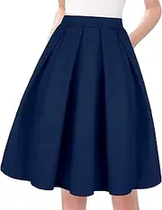 [Tandisk] Women's Vintage A-line Printed Pleated Flared Midi Skirt with Pockets