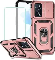 [Vokuha] Case for Oppo A16 / Oppo A16S / Oppo A54S CPH2273 Case with Tempered Glass Screen Protector and Slide Camera Cover, 360° Rotate Ring Stand Magnetic Cover for Oppo A16 4G Rose Gold