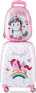 [Costway] 2PCS Kids Luggage Set Carry On with Spinner Wheels & Pink Unicorn Pattern, Adjustable Trolley Rod Height & Backpack Shoulder Strap, Kids Luggage Set Made of ABS, Polycarbonate & Nylon Material