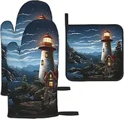 3 pcs Oven Mitts and Pot Holders Set 500°F Heat Resistant Oven Gloves and Hot Pads Kitchen Mittens Santa Claus Lighthouse Cooking Gloves Potholders for Baking Grilling