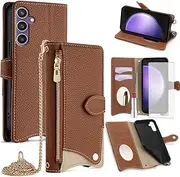 [Asuwish] Phone Case for Samsung Galaxy S23 FE 5G Wallet Cover with Tempered Glass Screen Protector and Mirror PU Leather Flip Cover Card Holder Slot Stand Crossbody Strap Cell S 23 EF S23FE 23S Brown