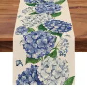 Seliem Spring Hydrangea Floral Flowers Table Runner, Blue Butterfly Kitchen D...