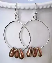 Silver Hoop with Copper Teardrop Dangle Earrings. Boho Chic