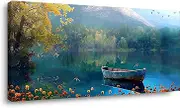 TEKMENT Small Boat Floats on Blue Calm Lake View Wall Art Decor Artwork for Living Room (24x48 Inches)