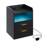 Advwin Bedside Table 2 Drawers LED Nightstand Wireless Charging Station Smart Control Black