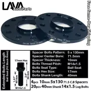 4PC 10MM THICK 5X130 71.5MM C.B WHEEL SPACER+14X1.5 BOLT FIT AUDI VW PORSCHE (for: Audi)