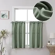 Chyhomenyc 2 Panels Short Kitchen Tiers Half Window Semi Sheer Curtains 36 Inch Length for Kitchen Bathroom Small Windows, Faux Linen Slub Textured Cafe Curtains, Sage Green, Each 30x36 inch