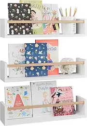 Fixwal Nursery Bookshelves, 16.5 Inch Floating Shelves for Wall Set of 3, Kids Bookshelf for Bedroom, Baby Nursery Decor (White and Natural)