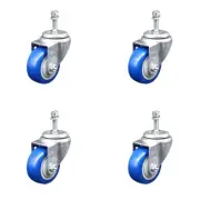 3 Inch SS Blue Polyurethane Wheel Swivel 3/8 Inch Threaded Stem Caster Set SCC
