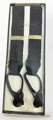 Vintage Suspenders Black Leather Braces & Buttons NEW in Box Canterbury