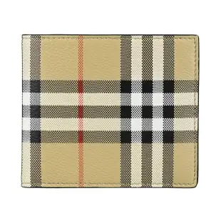 【BURBERRY 巴寶莉】Burberry內裡燙印LOGO PVC格紋圖案8卡對折短夾(典藏米)