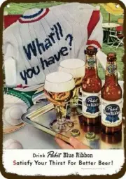 1952 PABST BLUE RIBBON BEER & Sweater Vintage Look DECORATIVE REPLICA METAL SIGN
