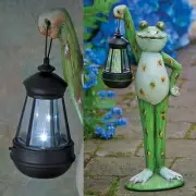 Wonderfully Detailed Weathered Look Country Frog Holding Lantern Garden Statue