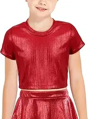 [Happy Cherry] Kids Girls Shiny Metallic Short Sleeve T-Shirt Hip Hop Jazz Dance Tops Performance Sparkly Dancewear