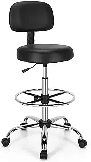[Giantex] Ergonomic Drafting Chair 150 kg w/Backrest, Faux Leather Upholstered Rolling Stool w/Retractable Mid Back & Adjustable Foot Ring, Height Adjustable Swivel Task Chair for Home Office