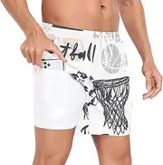 [GuoChe] Mens Swimwear Trunks Mens Lined Workout Shorts Basketball Ball Hoop Grunge Gray White with Liner Inseam Bathing Suit