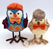Two Autumn Fall Felt Birds Tweed Stitched Fabric 6.5" Home Decor