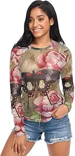 [RPLIFE] Black Butterfly Red Flowers Womens Mesh Shirt, Long Sleeve Party Tops for Women S-XXL
