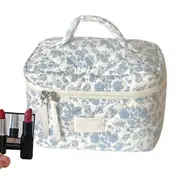 Portable Floral Pattern Cosmetic Bag Makeup and Toiletry Storage Organizer with Handle-Light Blue