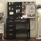 Bedroom Makeup Desk Set LED Lighted Mirror And Stool Black Dressing Table Vanity