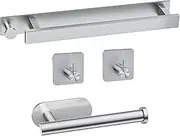 SUKIYPO Bathroom Accessory Set, Towel Holder, 4-Piece Set with 1 Toilet Paper Holder and 2 Adhesive Hooks, SUS 304 Durable Stainless Steel Towel Rail, Silver