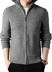 [Qolkmuiy-GJ] Mens Casual Zip Up Open Sweater Textured Knit Ribbed Chunky Cardigan Stand Collar Mid Length Knitted Jacket, Grey, Medium