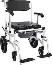 Commode Shower Chair with Wheels, Bedside Commode/Wheelchair Padded Toilet Seat Shower Transport Chair with Arms Wheels Pedal Portable Aluminum Bath Chair for Elderly Disabled Pregnant
