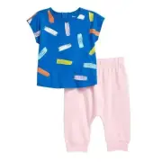 Open Edit Baby Girl Cotton Blue Azure Multi Strokes Graphic Tee / Jogger Set 18M