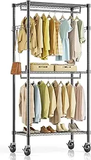 [Simple Deluxe] Rolling Clothes Rack, Heavy Duty Clothing Rack, 3-Shelf Portable Adjustable Wardrobe Closet with Wheels, Hanging Rods & Side Hooks, 29.5" W x 15.7" D x 75.6" H, Black