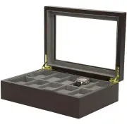 Watch Box 10 Slots Expresso Brown Wood Case Storage Display Glass Lid Luxury