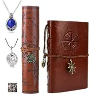 DMYUY The Vampire Jewellery Sets Leather Writing Book Notebook Brown PU Leather Rollup Pen Bag Daywalking Katherine Sapphire Crystal Necklaces with Stickers 14 Pieces, Alloys