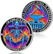 Original Purple Flame Skeleton Dumpster Fire Coin I AM FINE Desk Accessories with Fire Brigade Challenge Coin Novelty Pocket Coin Inspirational Gifts for Men and Women