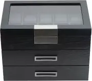 30 Black Ebony Wood Watch Extra Height Clearance Box Display Case 3 Level Storag