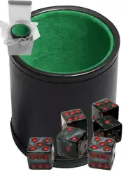 (6) 16mm Marbleized Dice Charcoal Red + PU Leather Green Felt Lined Cup New Box