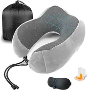 [HQ HQ-GAMING] Travel Neck Pillow, 100% Memory Foam Pillow for Airplane, Comfortable & Breathable U Shaped Pillow, Neck & Head Support, with Eye Mask, Earplugs & Storage Bag, Airplane Travel Set (Light Grey)