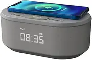i-box Bedside Wireless Charging Non Ticking Radio Alarm Clock with Dimmable LED Display - Mains Powered Dual Alarm Clock with USB Charger and Bluetooth Speaker, Grey