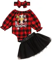 [ANICEMOON] bilison Infant Baby Girl Christmas Outfit My First Christmas Plaid Romper Top Tutu Skirt with Headband Xmas 3Pcs Clothes Set, Red, 0/3M