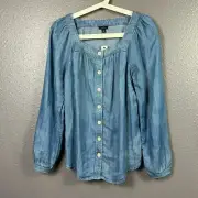 Talbots Chambray Peasant Top Size XS Square Neck Button Up Tencel Lyocell NEW