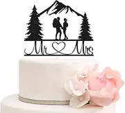 Mountain Mr & Mrs Wedding Cake Topper, Black Glitter Hiking Theme Wedding Party Decoration, Black Backpacking Bride and Groom Silhouettes Cake Toppers