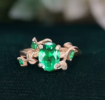 Oval Lab Created Emerald 925 Silver 14K Rose Gold Plated Engagement Ring