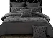 Charcoal Black Quilt Cover Set, Rich Diamond Pintuck Pleated Pattern Quilt Cover, 3pcs Grey Doona Cover Set (Super King Size)